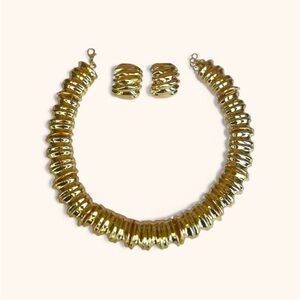 Gold Ripple Statement Necklace & Earrings Set